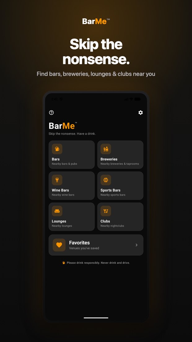 BarMe on Android: home category grid of Bars, Breweries, Wine Bars, Sports Bars, Lounges and Clubs
