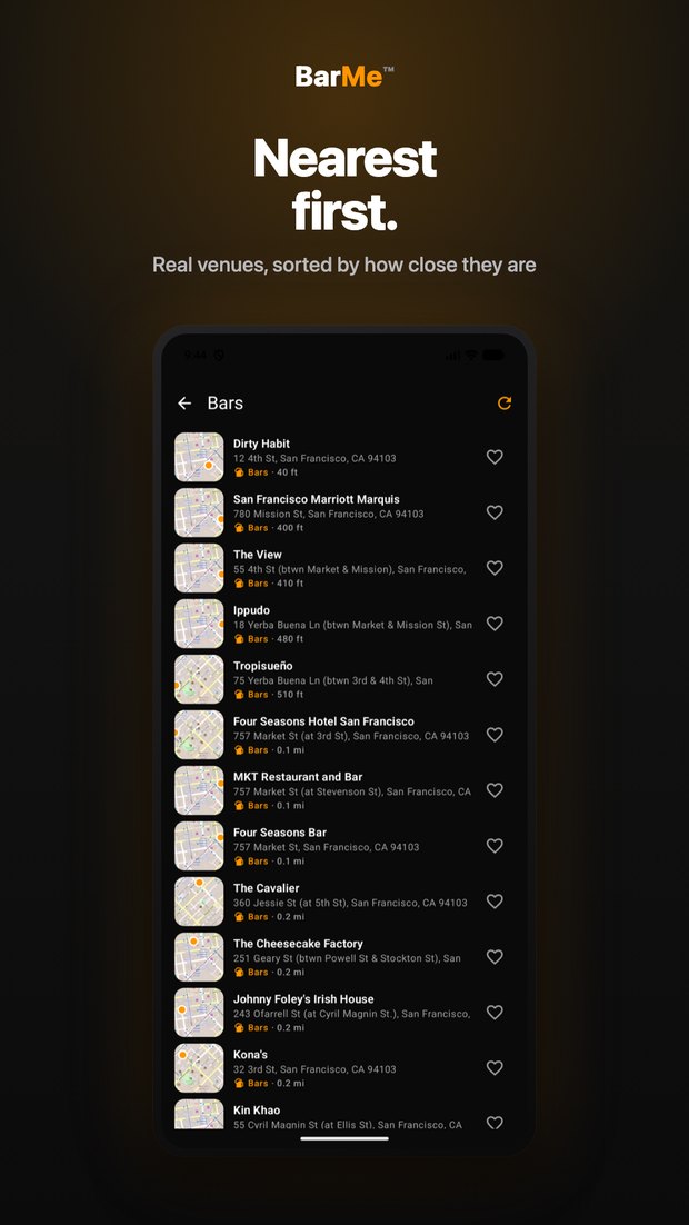 BarMe on Android: nearby venue list sorted nearest-first with distances