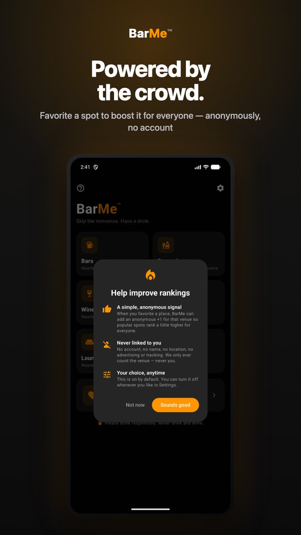 BarMe on Android: the Help improve rankings card — powered by the crowd, an anonymous +1 when you favorite a spot, never linked to you
