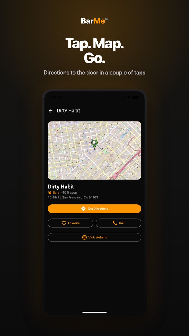 BarMe on Android: venue detail with an OpenStreetMap pin and a Get Directions button