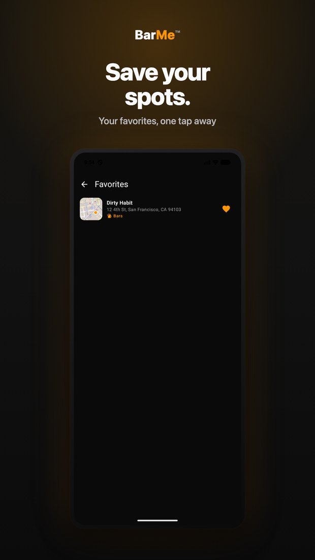 BarMe on Android: Favorites screen listing the venues you've saved