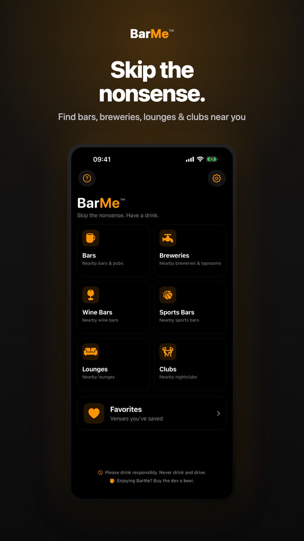 BarMe on iPhone: home grid of Bars, Breweries, Wine Bars, Sports Bars, Lounges and Clubs, plus Favorites