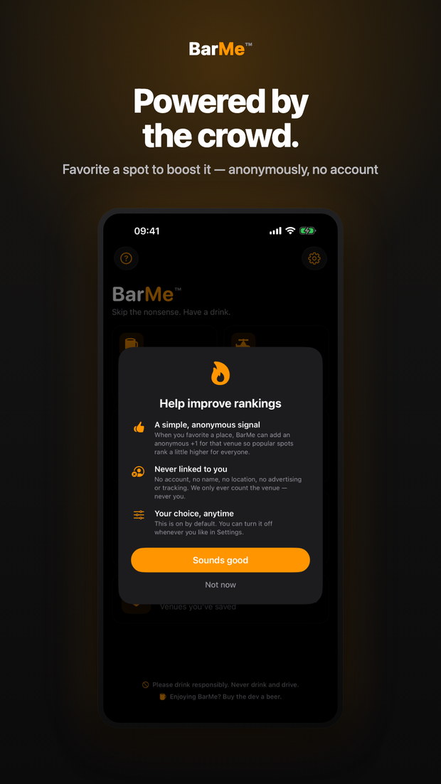 BarMe on iPhone: the Help improve rankings card — powered by the crowd, an anonymous +1 when you favorite a spot, never linked to you