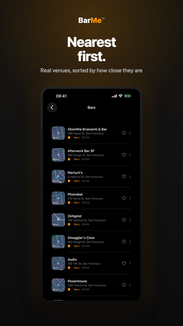 BarMe on iPhone: nearby venues sorted nearest-first, each with a map thumbnail and how far away it is