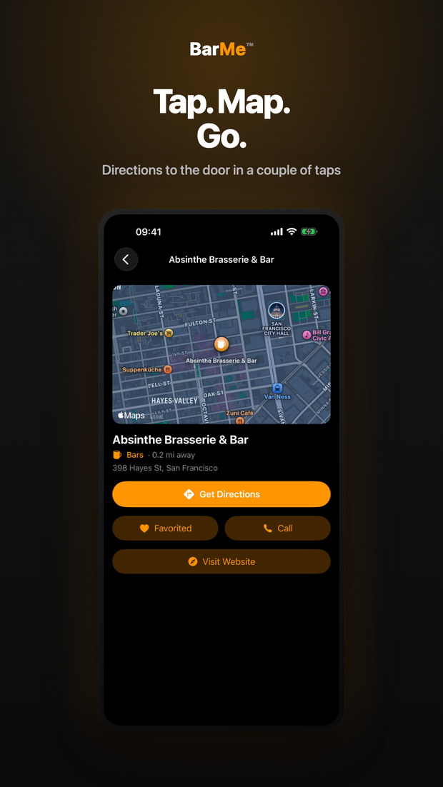 BarMe on iPhone: venue detail with an Apple Maps pin and a one-tap Get Directions button