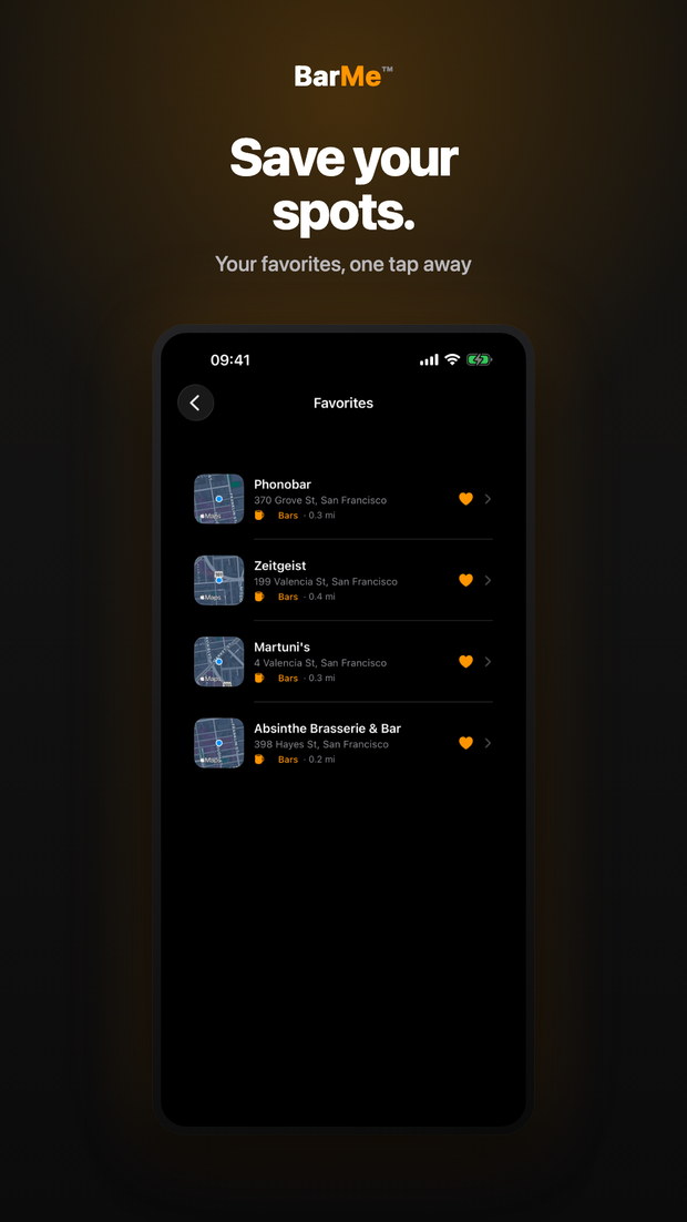 BarMe on iPhone: Favorites screen listing the venues you've saved on-device