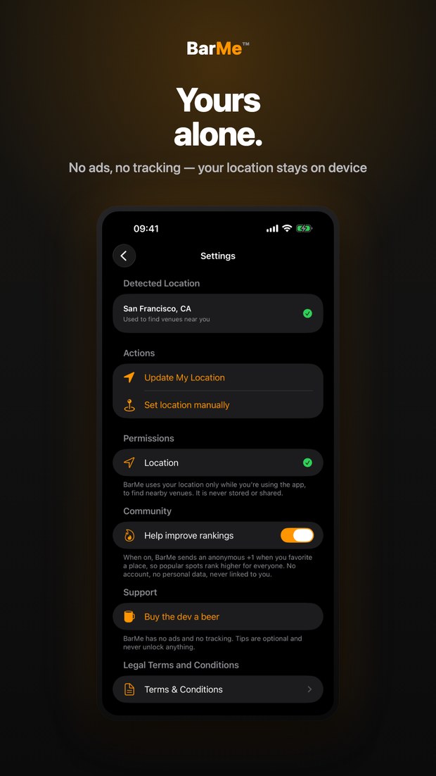 BarMe on iPhone: privacy screen — no ads, no tracking, no account; your location stays on device
