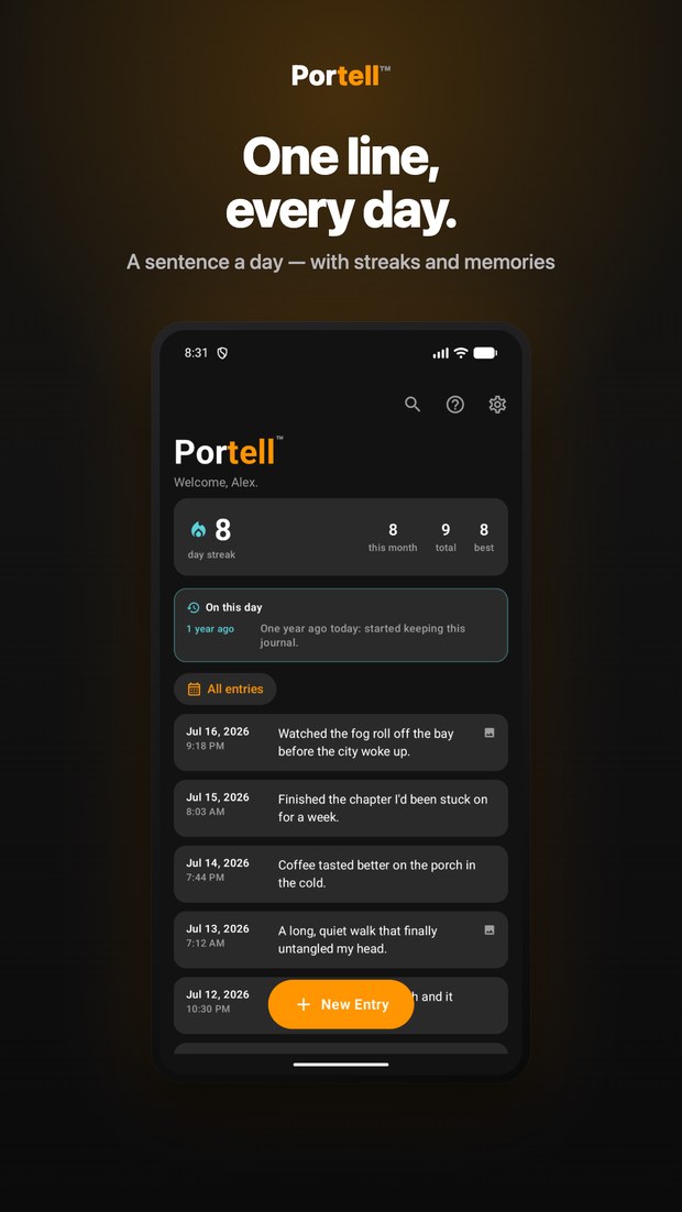 Portell on Android: home screen with a personal welcome, an eight-day writing streak, an On this day memory, and the day's entries