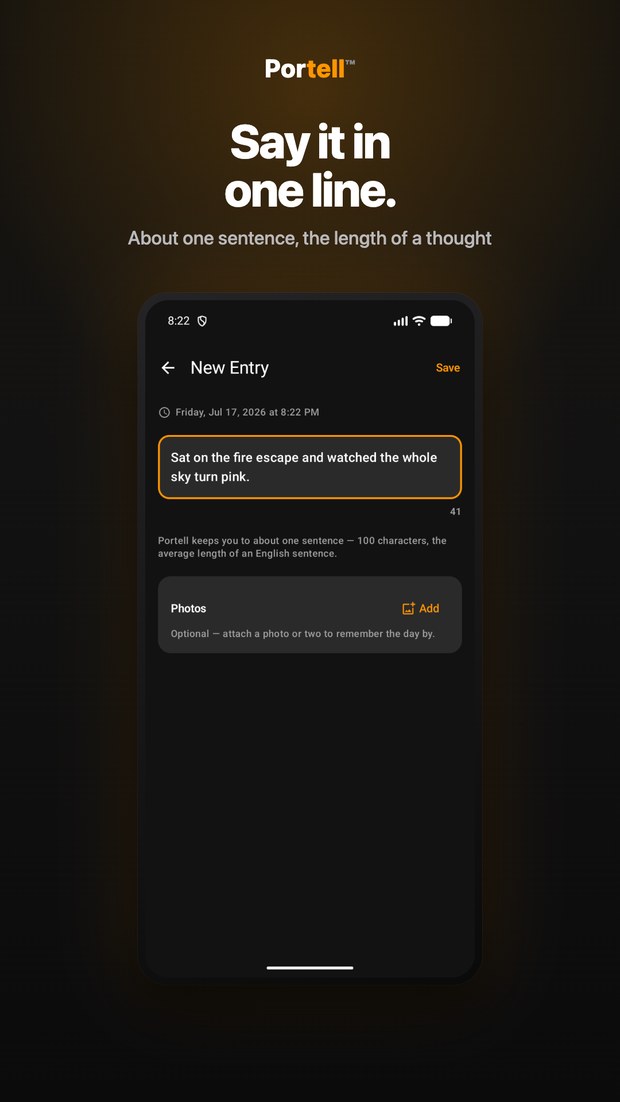 Portell on Android: the one-line editor with a live character count keeping the entry to about a sentence