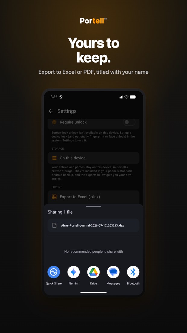 Portell on Android: sharing an exported spreadsheet titled with the user's name
