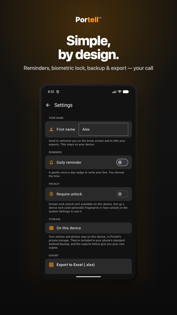 Portell on Android: Settings with your name, a daily reminder, biometric lock, on-device storage and export