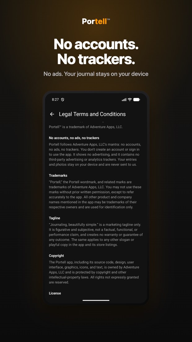 Portell on Android: no accounts, no ads, no trackers — the journal stays on your device