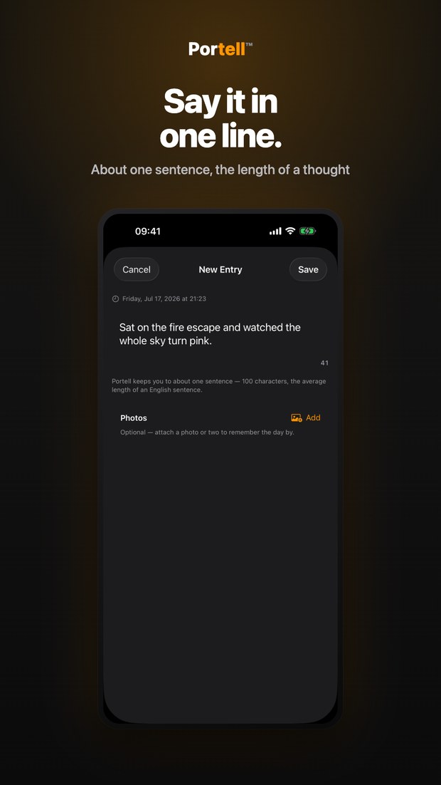 Portell on iPhone: the one-line editor with a live character count keeping the entry to about a sentence
