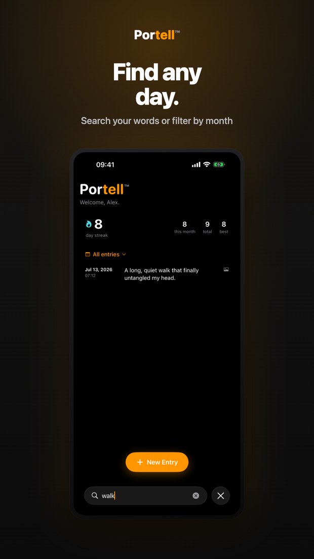 Portell on iPhone: searching entries to find a particular day