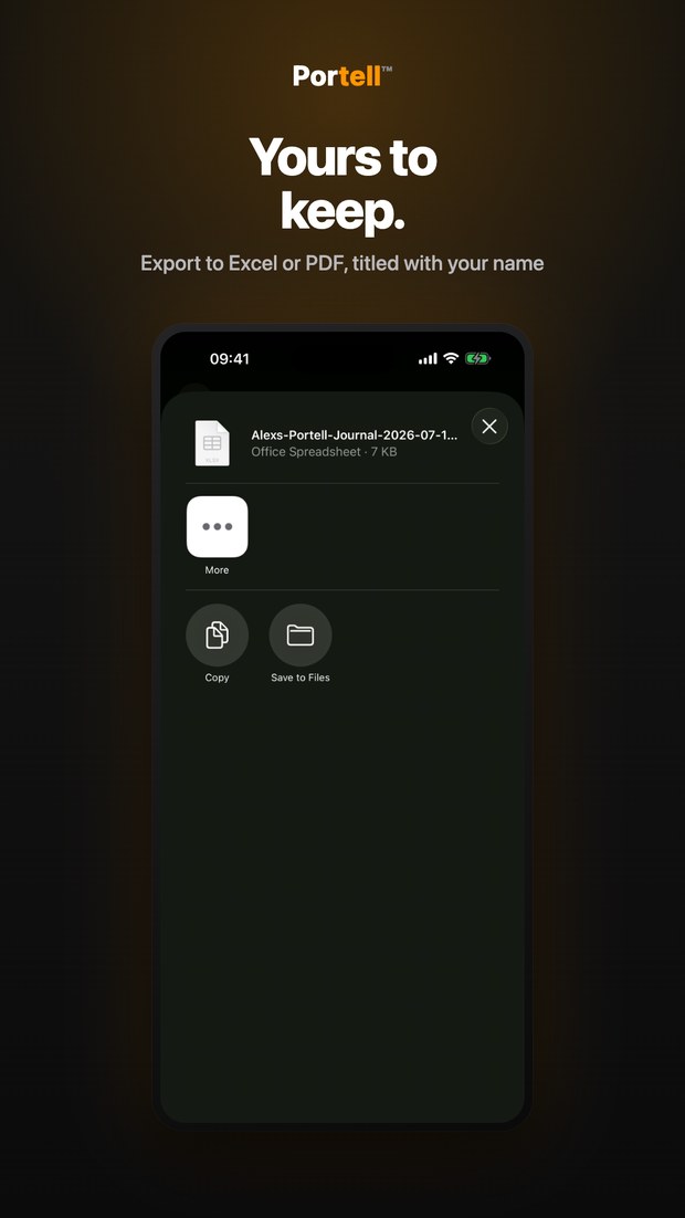 Portell on iPhone: exporting the journal to a spreadsheet titled with the user's name