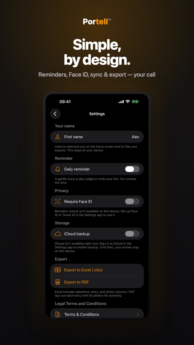 Portell on iPhone: Settings with your name, a daily reminder, Face ID lock, iCloud sync and export