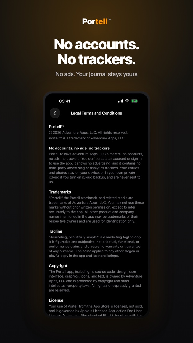 Portell on iPhone: no accounts, no ads, no trackers — the journal stays yours