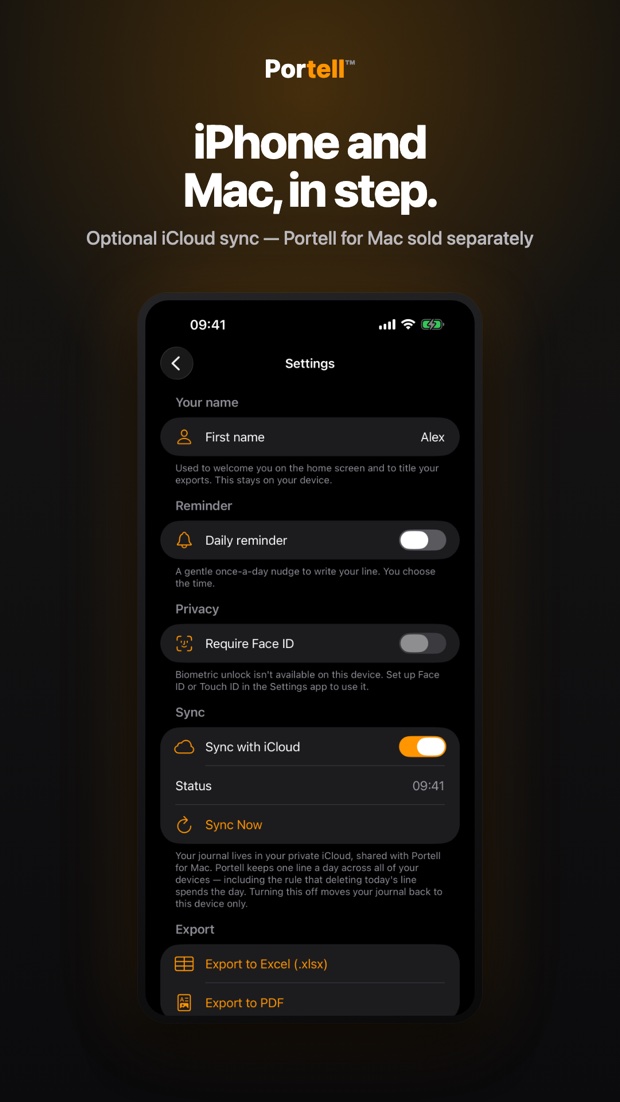 Portell on iPhone: the Sync settings, with iCloud sync switched on so the same journal appears on iPhone and on Mac