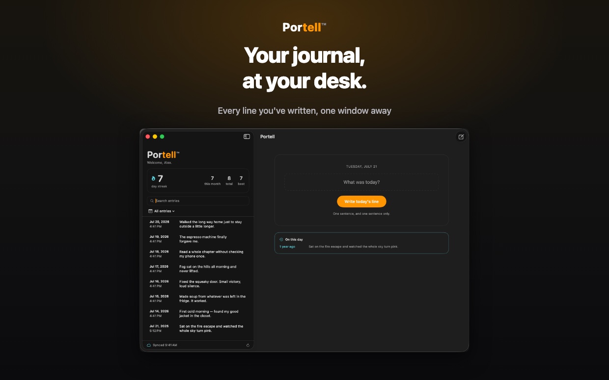 Portell on Mac: the journal in the sidebar with a writing streak and today's prompt beside it
