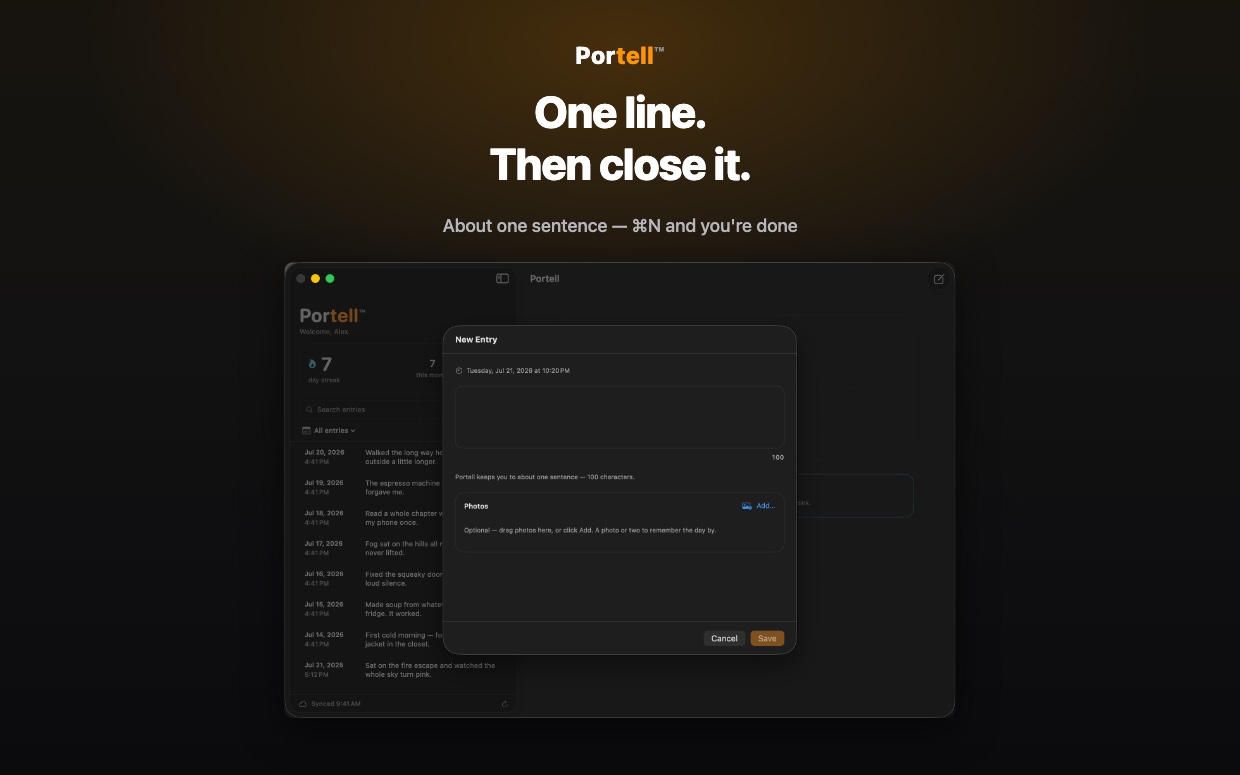 Portell on Mac: the one-line editor with a live character count keeping the entry to about a sentence