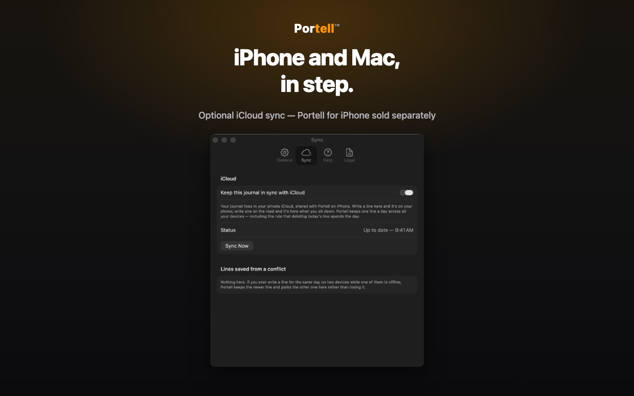 Portell on Mac: Sync settings with iCloud sync switched on, sharing one journal with Portell on iPhone