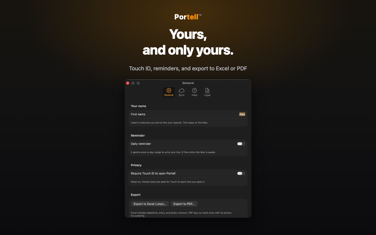 Portell on Mac: Settings with your name, a daily reminder, Touch ID lock and export to Excel or PDF