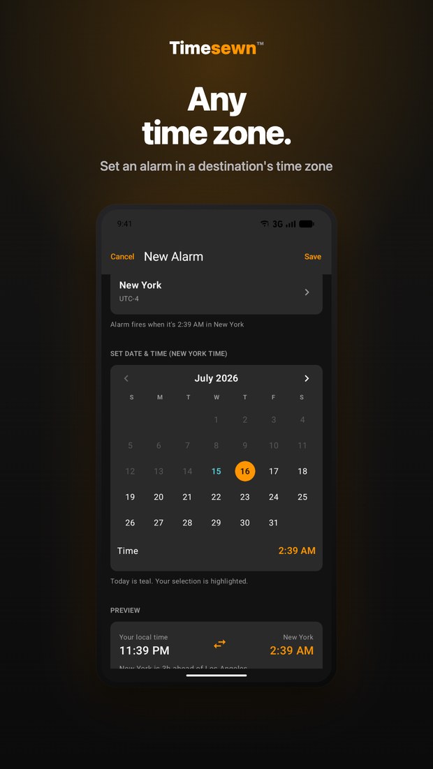 Timesewn on Android: New Alarm screen setting an alarm in a destination's time zone with a preview