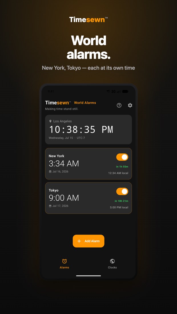 Timesewn on Android: alarms list showing New York and Tokyo at distinct times