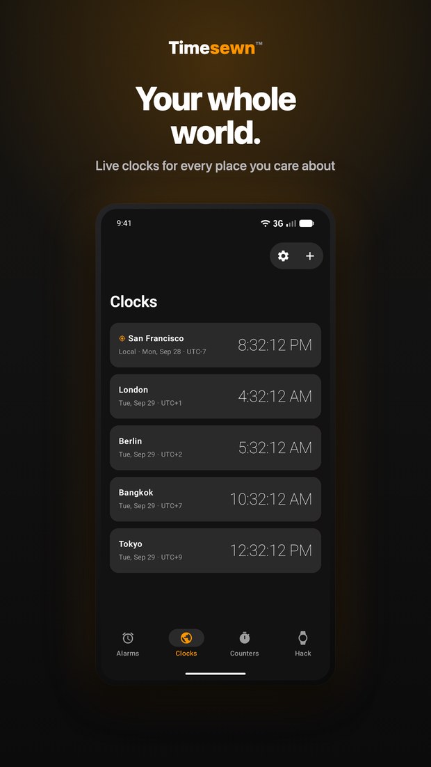 Timesewn on Android: Clocks tab with your local time on top and live times for London, Berlin, Bangkok and Tokyo
