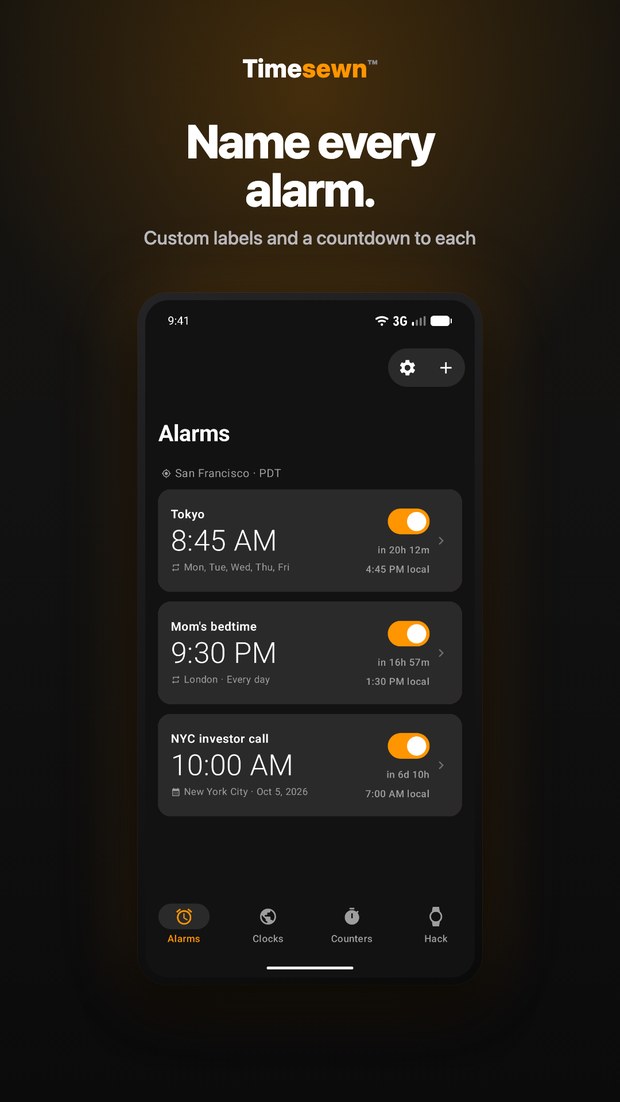 Timesewn on Android: Alarms tab with labeled alarms in Tokyo, London and New York City, each with a countdown