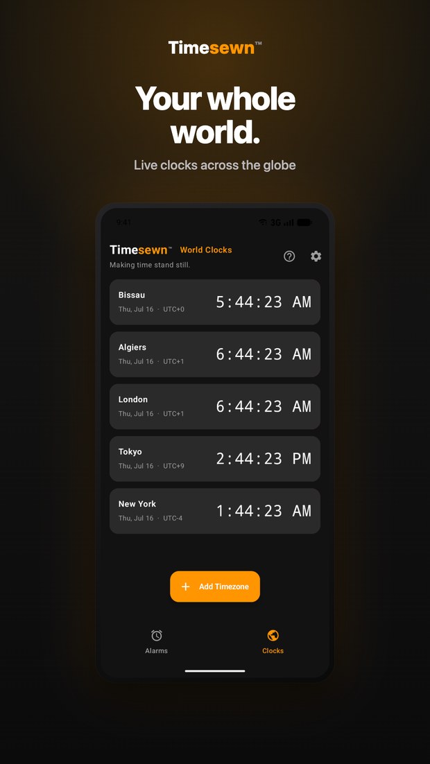 Timesewn on Android: World Clocks tab with a global spread of live times