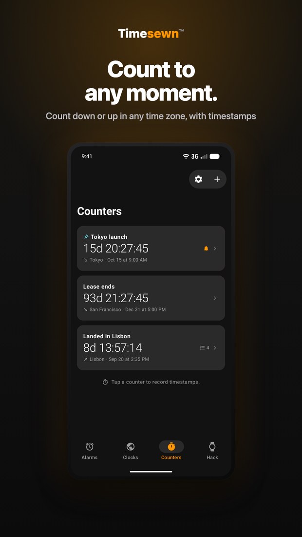 Timesewn on Android: Counters tab counting down to a Tokyo launch and a lease end, and counting up since landing in Lisbon