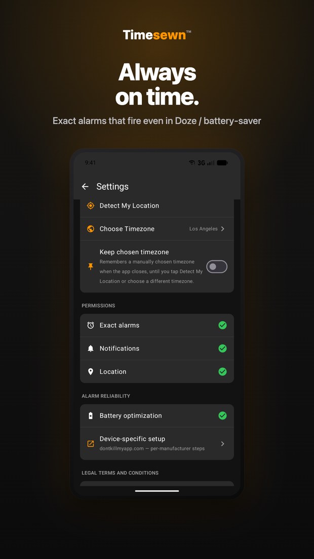 Timesewn on Android: Settings showing exact-alarm permissions for reliable, Doze-exempt alarms