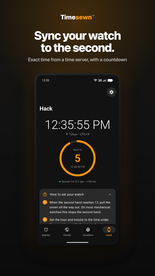 Timesewn on Android: Hack tab showing the exact Tokyo time from a time server, a countdown ring to the next minute and how to set your watch