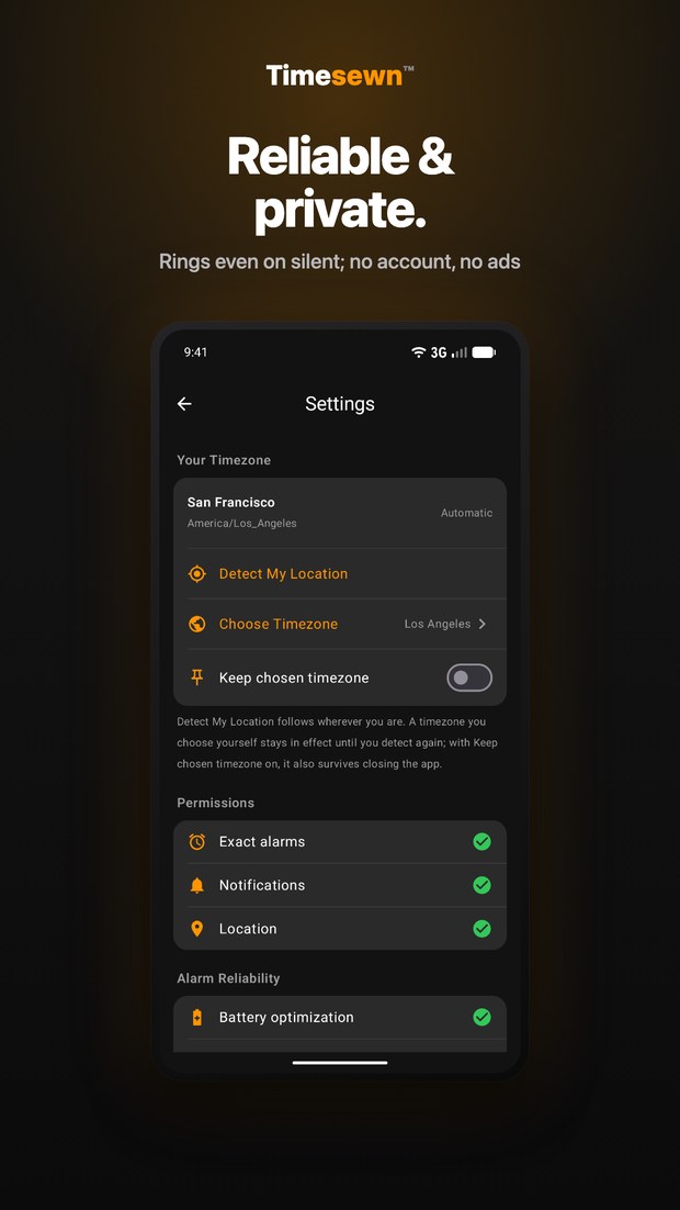 Timesewn on Android: Settings with your timezone, granted exact-alarm, notification and location permissions, and battery optimization