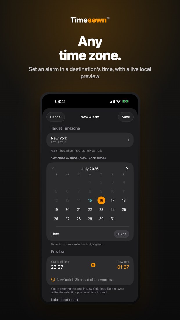 Timesewn on iPhone: New Alarm screen setting an alarm in New York's time with a live local-time preview