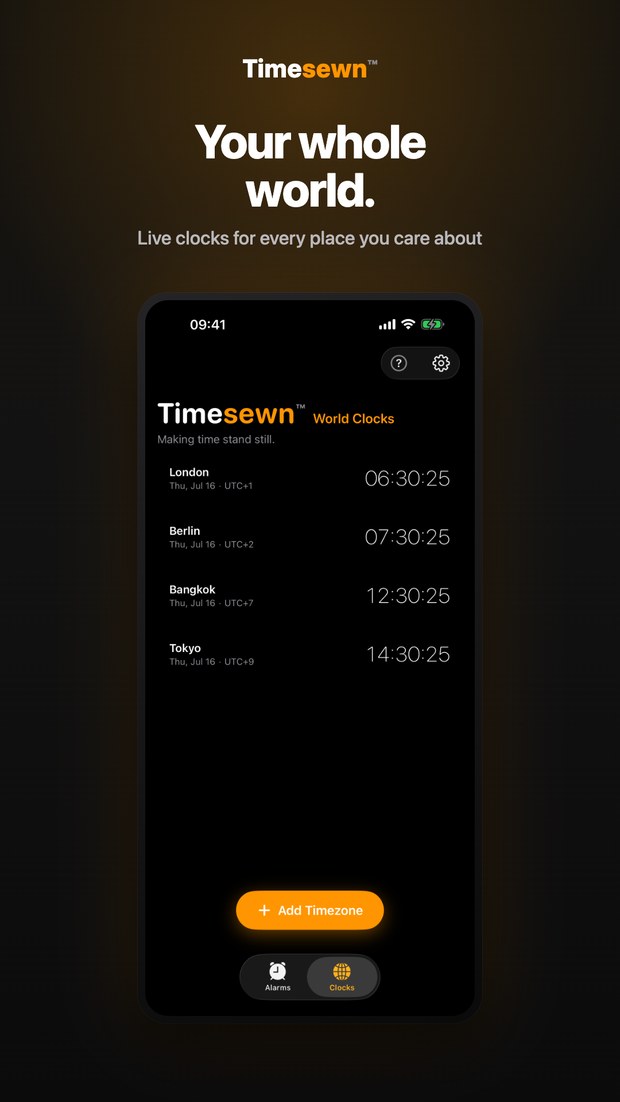 Timesewn on iPhone: World Clocks with live times for London, Berlin, Bangkok and Tokyo