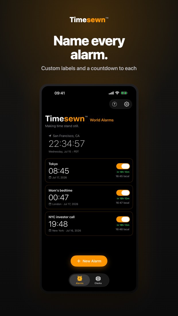 Timesewn on iPhone: World Alarms list with custom labels and a countdown to each, across time zones