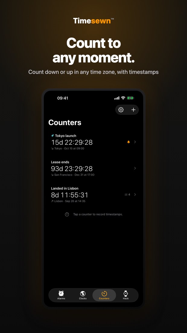 Timesewn on iPhone: Counters tab counting down to a Tokyo launch and a lease end, and counting up since landing in Lisbon