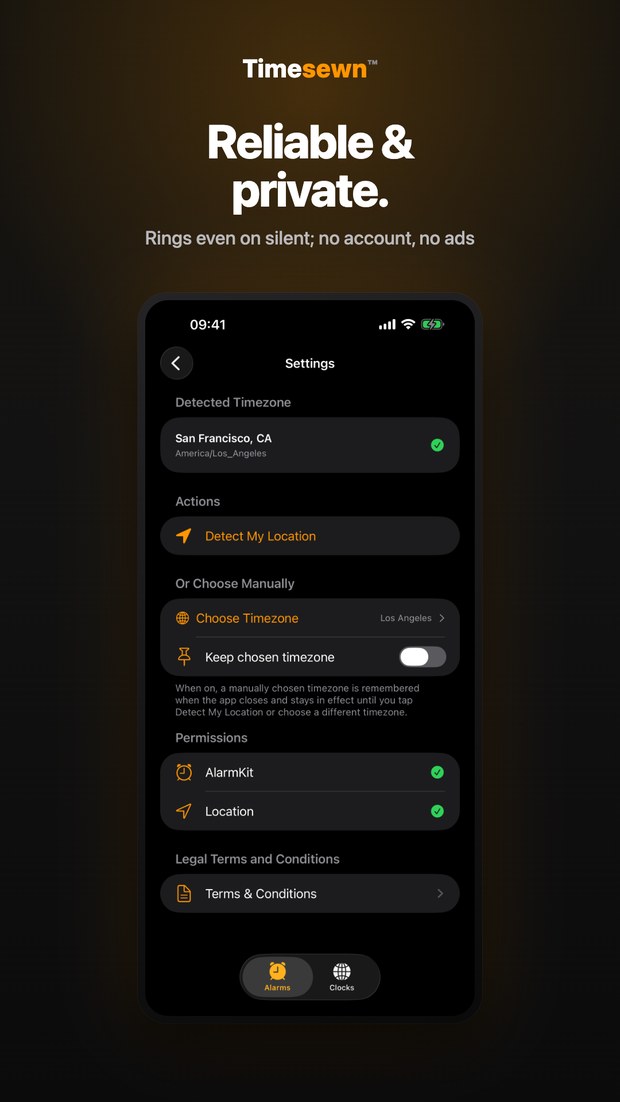 Timesewn on iPhone: Settings showing granted AlarmKit and Location permissions — rings on silent, no account, no ads