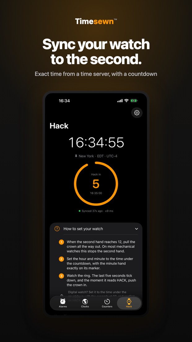 Timesewn on iPhone: Hack tab showing the exact New York time from a time server, a countdown ring to the next minute and how to set your watch