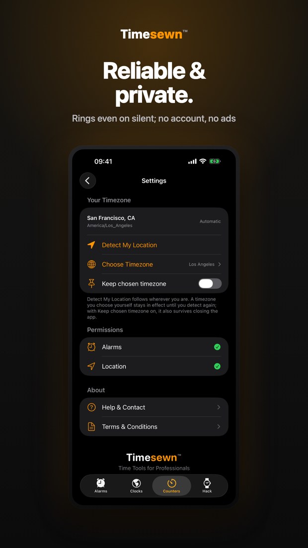 Timesewn on iPhone: Settings with your timezone, granted Alarms and Location permissions, and Help