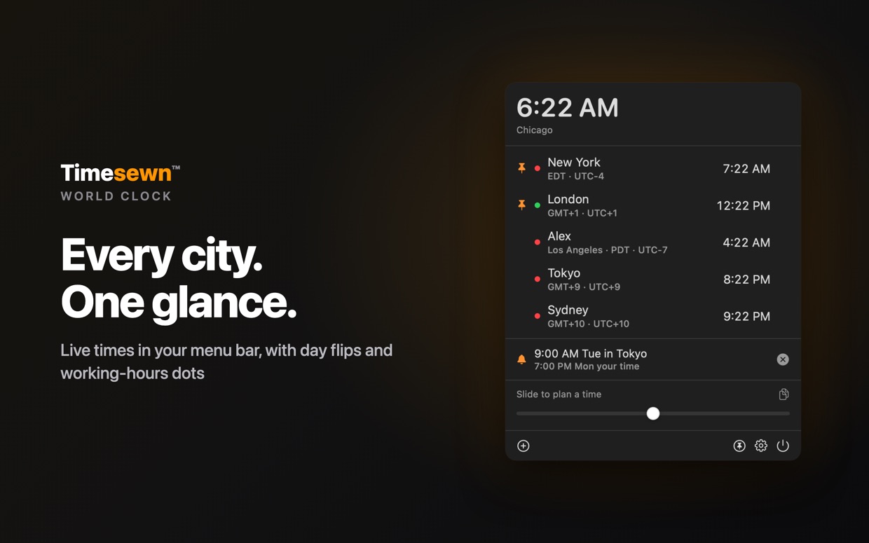 Timesewn on Mac: the menu bar dropdown with live times for New York, London, Los Angeles, Tokyo and Sydney, working-hours dots, and a reminder set for 9:00 AM in Tokyo