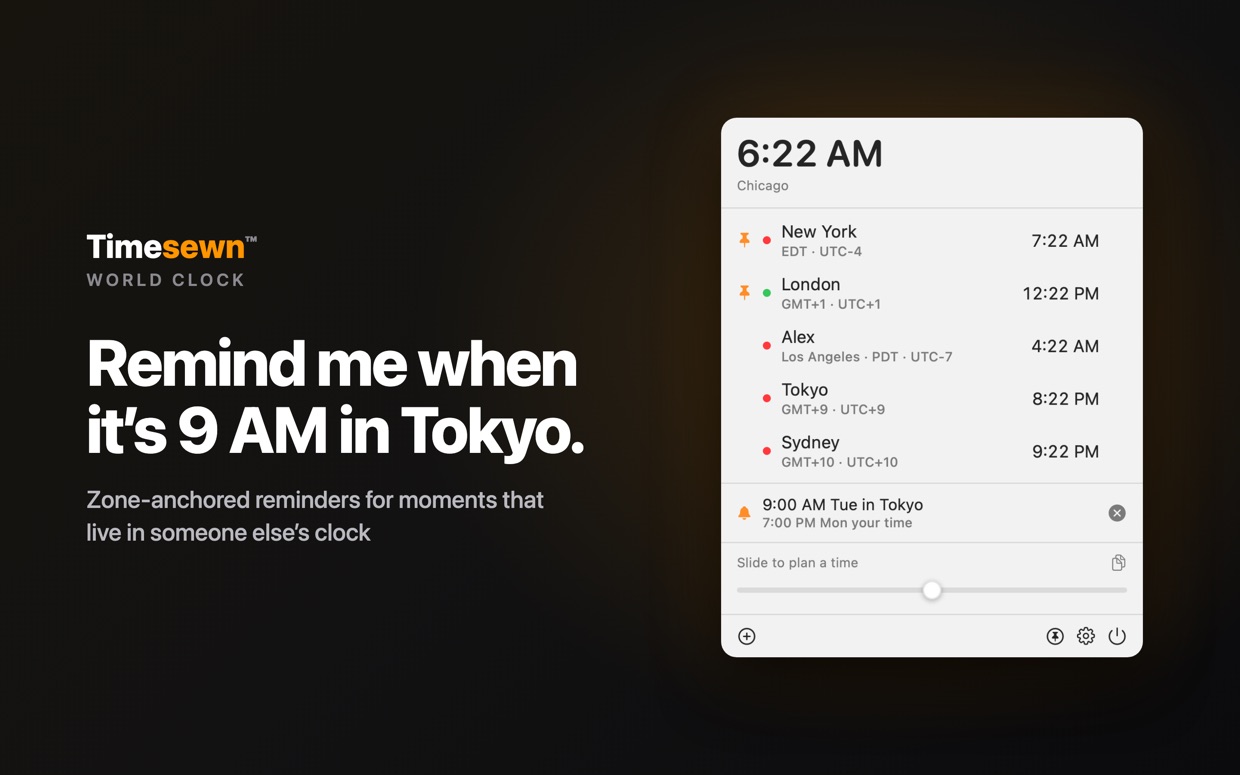Timesewn on Mac: a zone-anchored reminder for 9:00 AM in Tokyo shown in both Tokyo's time and your own