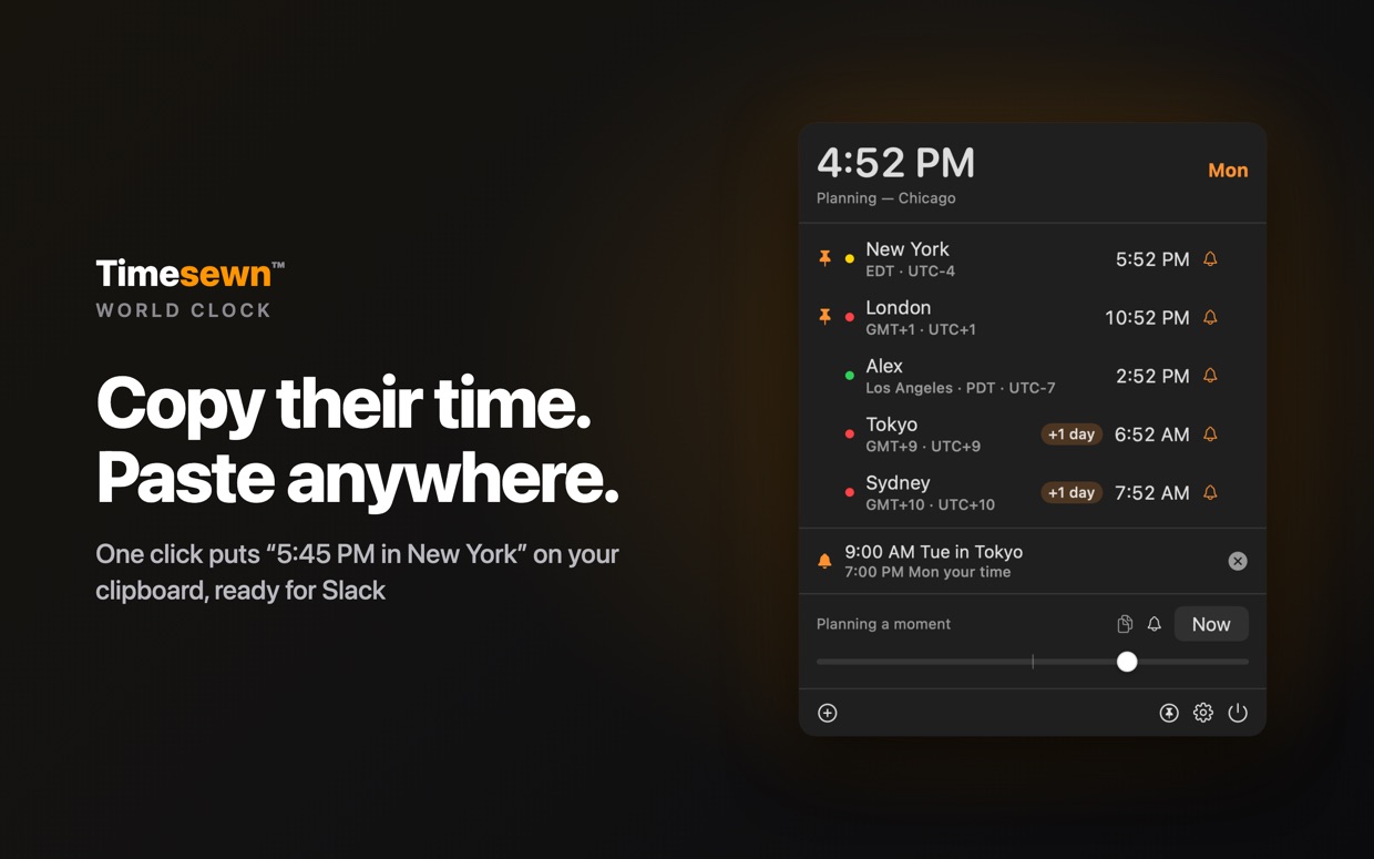 Timesewn on Mac: copying a city's local time to the clipboard, ready to paste anywhere