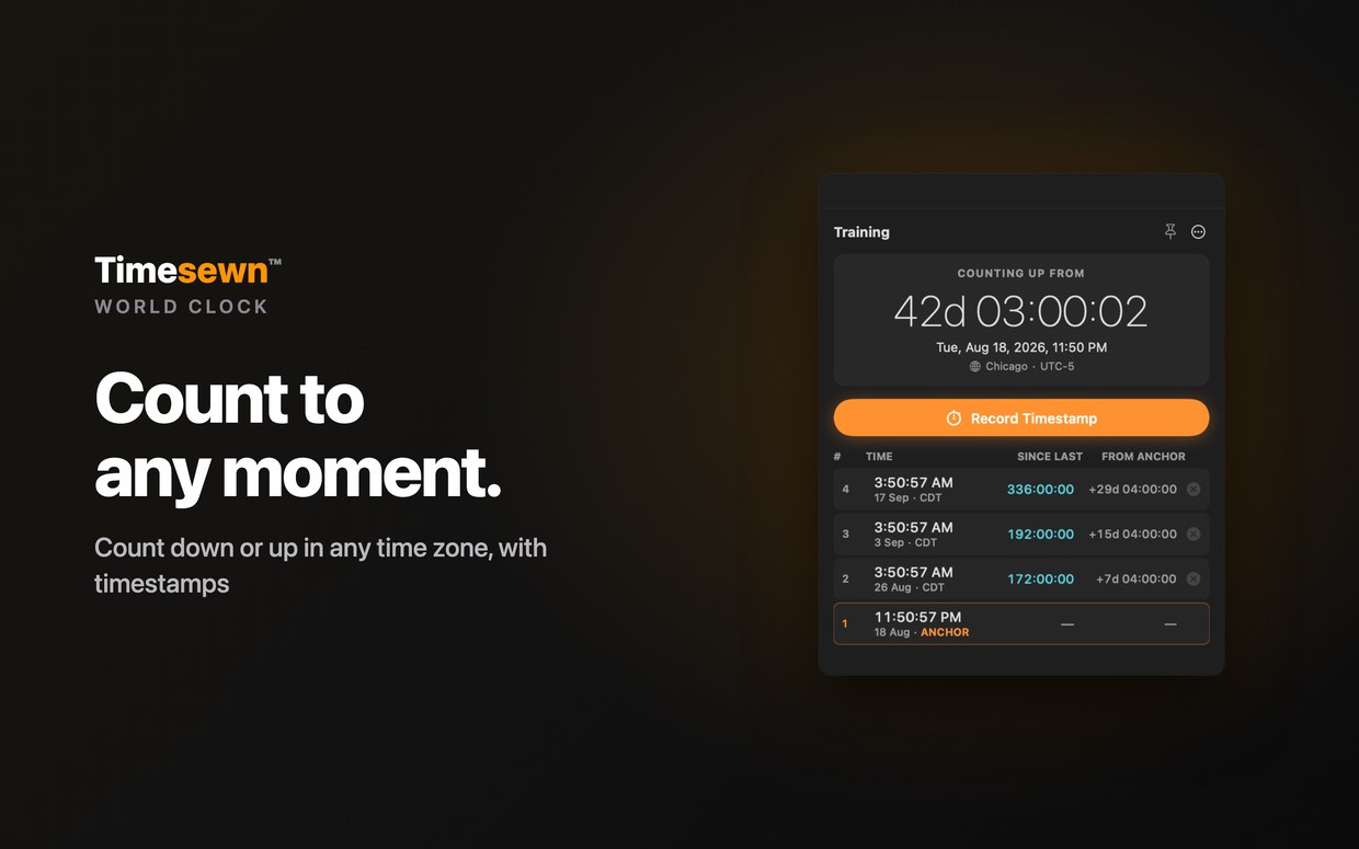 Timesewn on Mac: a counter counting up from its anchor, with recorded timestamps and the gap between each