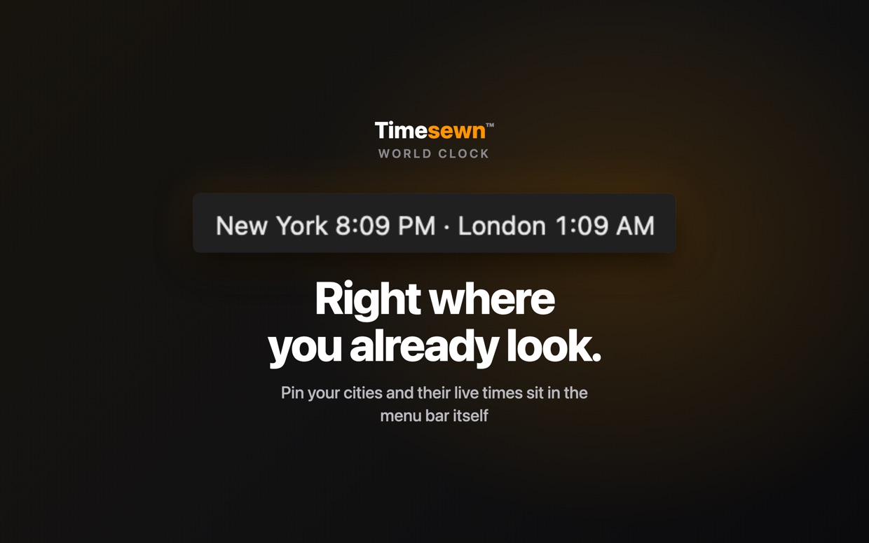 Timesewn on Mac: pinned city times displayed live in the macOS menu bar — New York and London