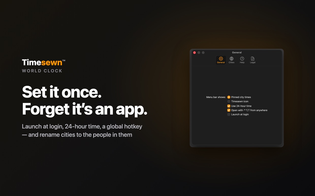 Timesewn on Mac: Settings with launch at login, 24-hour time, the global shortcut, and renameable cities