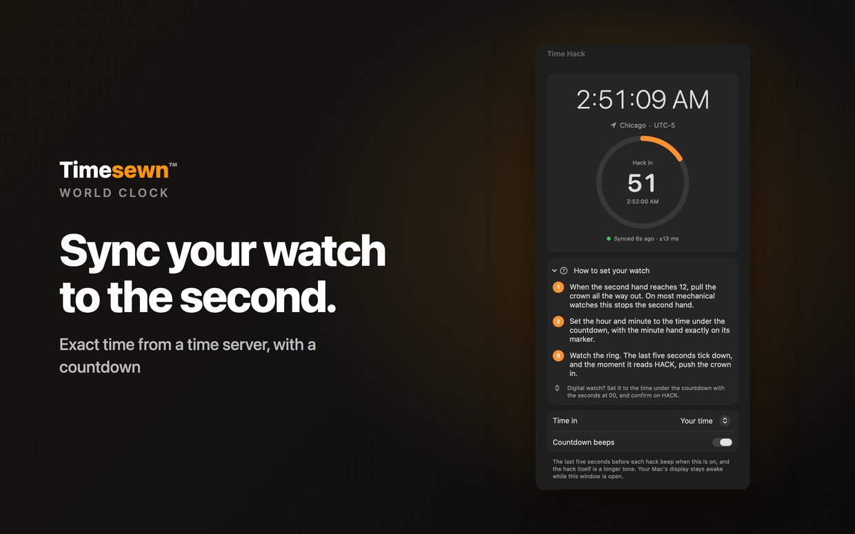 Timesewn on Mac: the Time Hack window with the exact time from a time server, a countdown ring to the next minute and how to set your watch