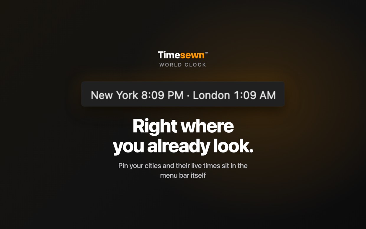Timesewn on Mac: pinned city times displayed live in the macOS menu bar, New York and London